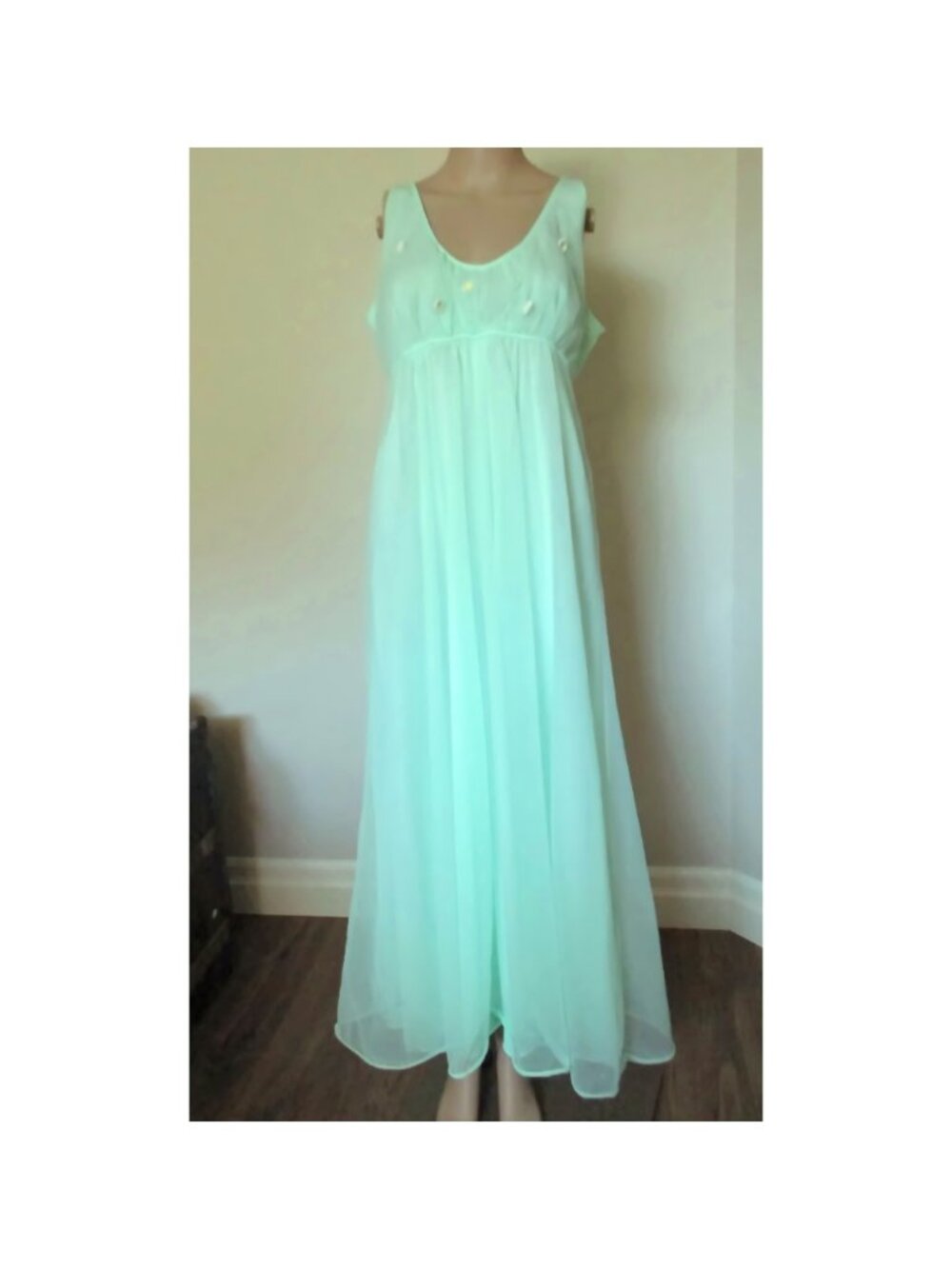 Vtg French Maid Nightgown Mint Green Size L Nylon Sheer Overlay - Picture 3 of 6